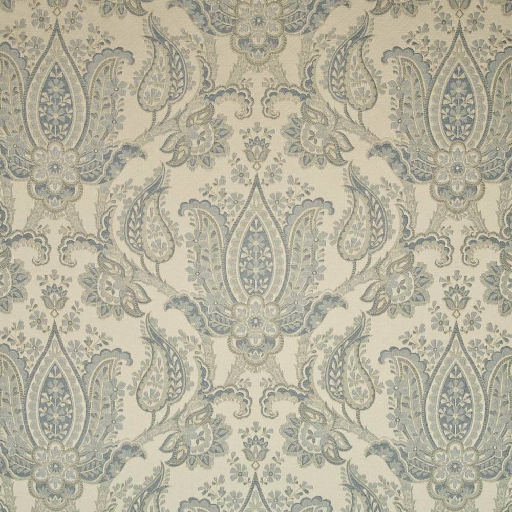 Dalton Paisley Glacier by Kasmir Fabric 1398 75% Polyester 25% Rayon CHINA 21,000 Wyzenbeek Double Rubs H: 28 4/8 inches, V:20 6/8 inches 54 - 56 - Fabric Carolina - Kasmir