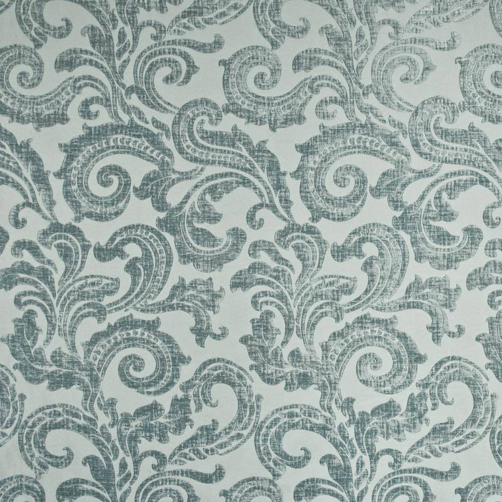 Davenport Scroll Azure by Kasmir Fabric 1398 100% Polyester CHINA Not Tested H: 14 1/8 inches, V:25 2/8 inches 55 - 56 - Fabric Carolina - Kasmir