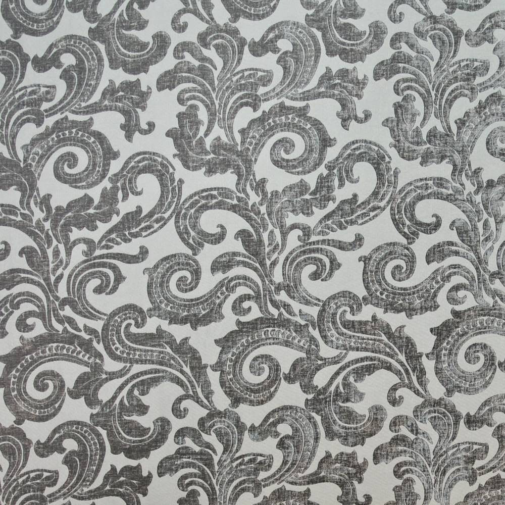 Davenport Scroll Platinum by Kasmir Fabric 1396 100% Polyester CHINA Not Tested H: 14 1/8 inches, V:25 2/8 inches 55 - 56 - Fabric Carolina - Kasmir