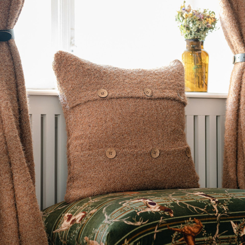 Decke Cushion by Mind the Gap Designer Pillow TYROL APRES-SKI HOME COLLECTION 73% Polyester, 27% Jute Made in Romania Six decorative wooden buttons 20 x 20 in - Swanky Fabrics -