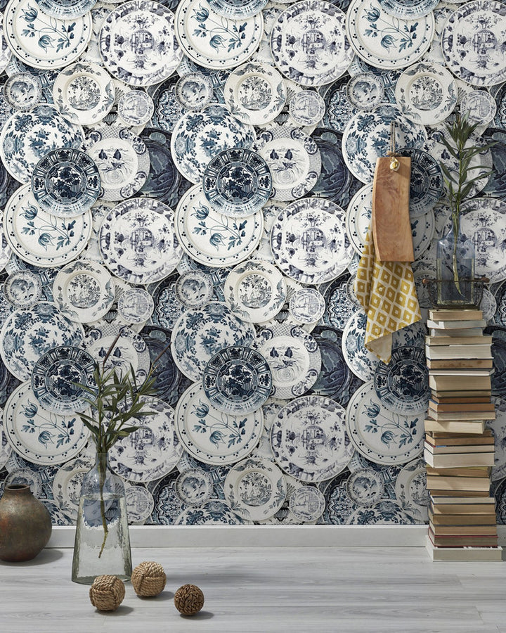 DELFTWARE Vintage (WP20188) by Mind The Gap | WP20188 | PREMIUM DESIGNER WALLPAPER COLLECTION | 3 rolls x 20.5 x 118.1 in | 0.52m / 20.5in | 3m / 118in | 4.65mp | 60cm / 23.6in | Blue, White | Non-woven | Paste the wall | 3-rolls in a box | Fabric Carolina | https://www.fabriccarolina.com/