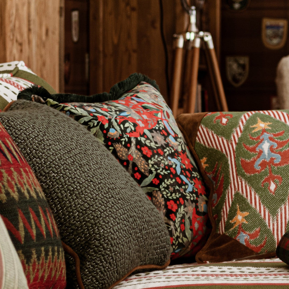 DER KÖNIG Black Velvet Cushion (LC40202) by Mind The Gap | LC40202 | TYROL APRES-SKI HOME COLLECTION | 20 x 20 in | Black, Blue, Green, Red | Fabric Carolina | https://www.fabriccarolina.com/