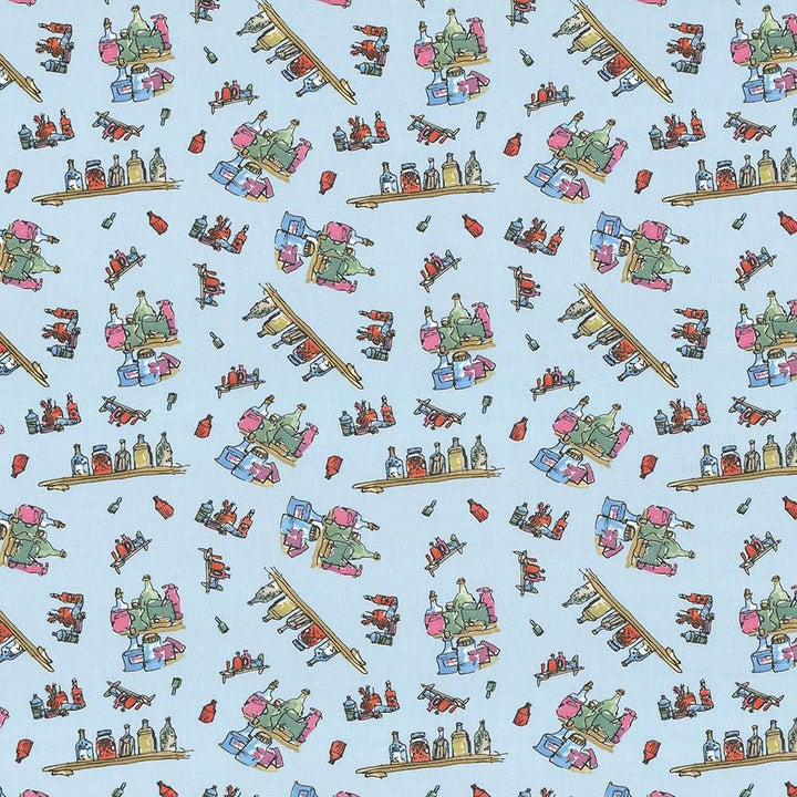 Diddly Bottles Marvelous Blue  by Kasmir Fabric See sample 100% Cotton
 TURKEY Not Tested </p><p>Repeat: Horizontal: 13 4/8 inches and Vertical: 12 5/8 inches 55  - Fabric Carolina -