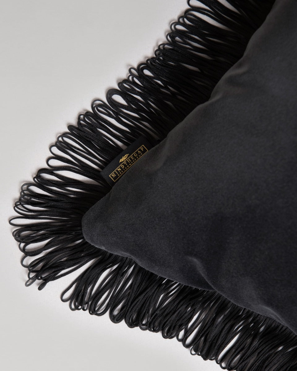 CHARCOAL Velvet Cushion (LC40234) by Mind The Gap | LC40234 | JAZZ LIVE | 50 x 50 cm | Black | Black fringes | Duck feather | Cotton velvet | Fabric Carolina | https://www.fabriccarolina.com/
