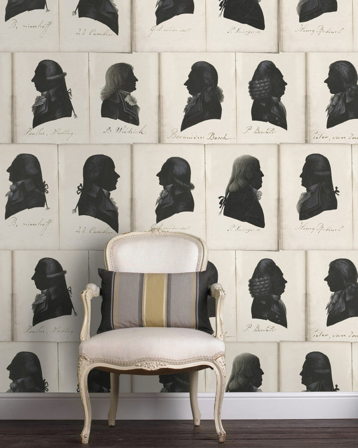 DUTCH PORTRAITS Wallpaper (WP20185) by Mind The Gap | WP20185 | PREMIUM DESIGNER WALLPAPER COLLECTION | 3 rolls x 20.5 x 118.1 in | 0.52m / 20.5in | 3m / 118in | 4.65mp | 70cm / 27.6in | Black, Taupe | Non-woven | Paste the wall | 3-rolls in a box | Fabric Carolina | https://www.fabriccarolina.com/
