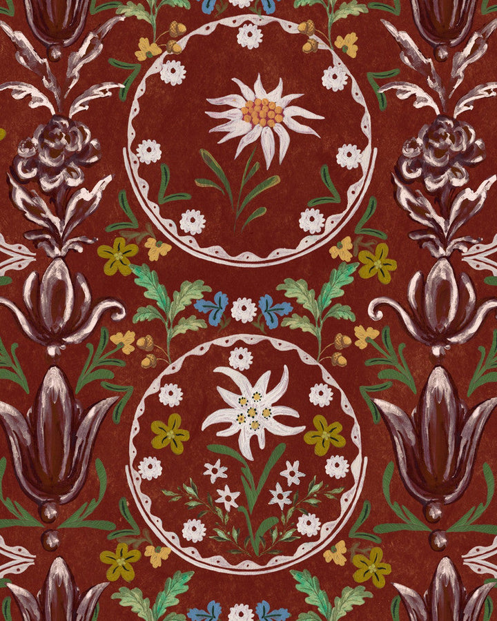 Edelweiss Burgundy Wallpaper by Mind the Gap Designer Wallpaper TYROL APRES-SKI HOME COLLECTION Textured Matte Made in Europe Paste the wall 3 rolls x 20.5 x 3.25 yards - Swanky Fabrics -