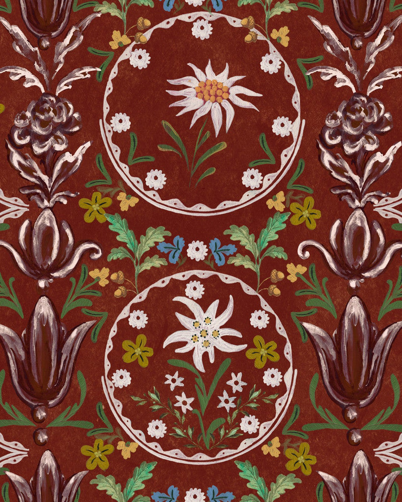 Edelweiss Burgundy Wallpaper by Mind the Gap Designer Wallpaper TYROL APRES-SKI HOME COLLECTION Textured Matte Made in Europe Paste the wall 3 rolls x 20.5 x 3.25 yards - Swanky Fabrics -