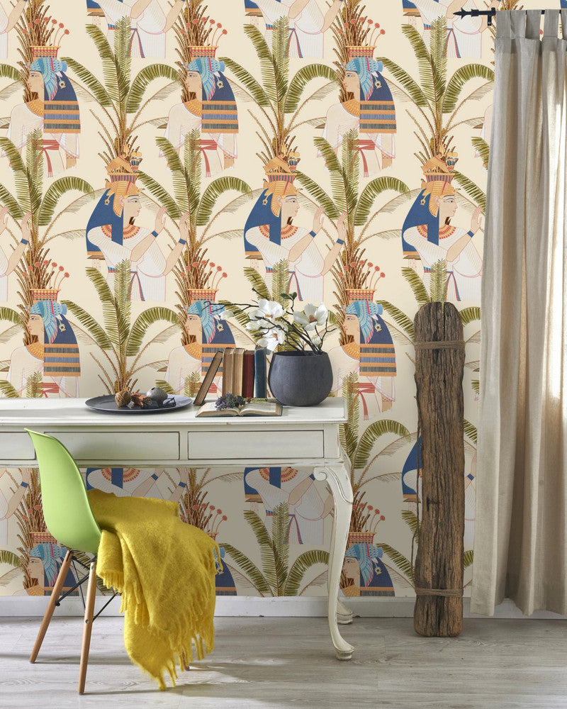 EGYPTIAN QUEENS (WP20265) by Mind The Gap | WP20265 | PREMIUM DESIGNER WALLPAPER COLLECTION | 3 rolls x 20.5 x 118.1 in | 0.52m / 20.5in | 3m / 118in | 4.65mp | 80cm / 31.4in | Blue, Green, Red, Taupe | Non-woven | Paste the wall | 3-rolls in a box | Fabric Carolina | https://www.fabriccarolina.com/