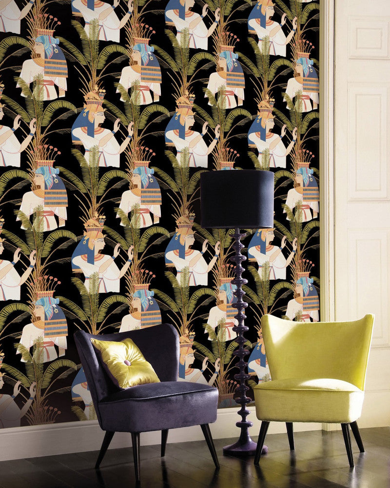 EGYPTIAN QUEENS Anthracite (WP20266) by Mind The Gap | WP20266 | PREMIUM DESIGNER WALLPAPER COLLECTION | 3 rolls x 20.5 x 118.1 in | 0.52m / 20.5in | 3m / 118in | 4.65mp | 80cm / 31.4in | Black, Blue, Green, Red | Non-woven | Paste the wall | 3-rolls in a box | Fabric Carolina | https://www.fabriccarolina.com/