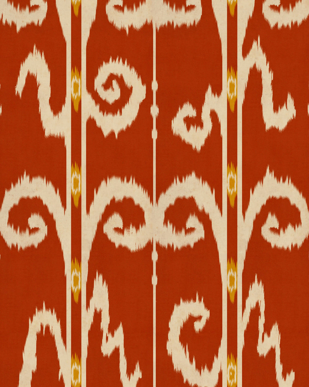 ELYSIA IKAT Crimson Wallpaper (WP20909) by Mind The Gap | WP20909 | TRANSYLVANIAN RHAPSODY | 1 roll x 52 x 900 cm / 20.47 x 354.33 in | 0.52m / 20.5in | 9m / 354in | 4.68sqm / 50sq ft | L80cm / L31.4in | Taupe, Yellow, Red | Non-woven Textured | Paste the wall | 1 roll in a box | Fabric Carolina | https://www.fabriccarolina.com/