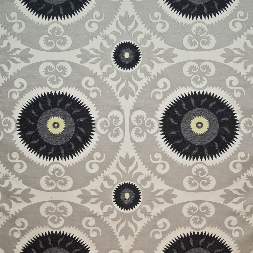Emperors Sun Platinum by Kasmir Fabric 1406 72% Rayon
28% Polyester
 CHINA </p><p>Repeat: Horizontal: 29 4/8 inches and Vertical: 28 4/8 inches 54 - Fabric Carolina -