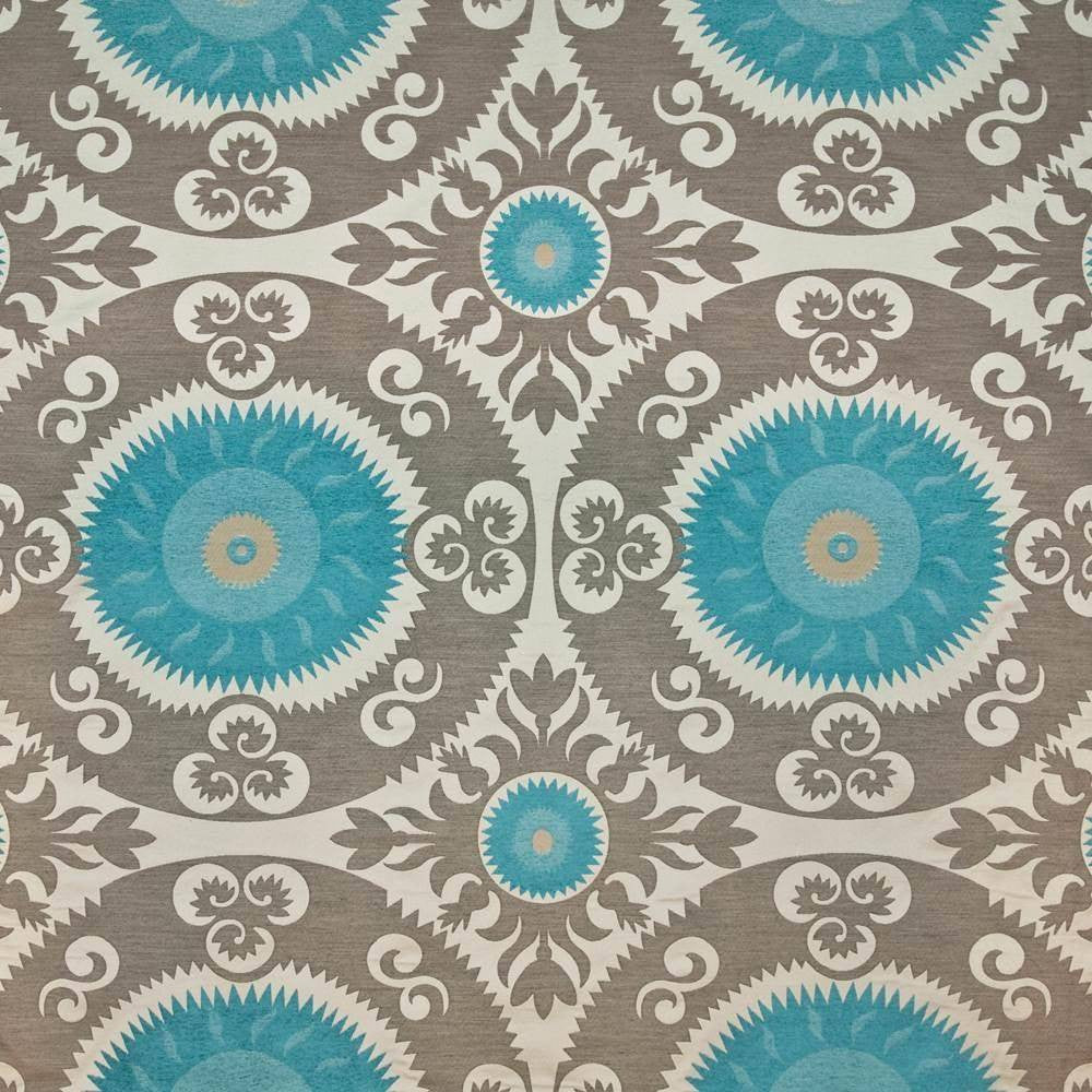 Emperors Sun Turquoise by Kasmir Fabric 1406 72% Rayon 28% Polyester CHINA 15,000 Wyzenbeek Double Rubs H: 29 4/8 inches, V:28 4/8 inches 54 - Fabric Carolina - Kasmir