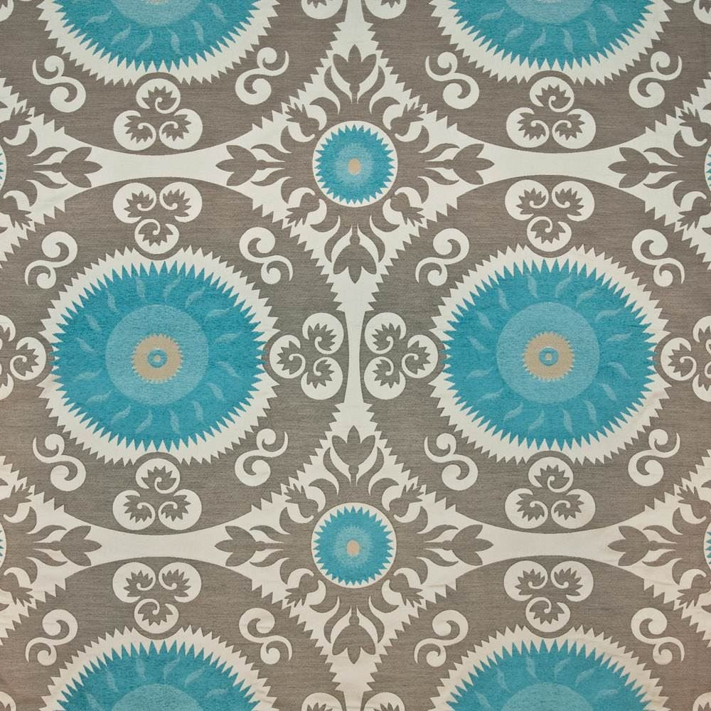 Emperors Sun Turquoise by Kasmir Fabric 1406 72% Rayon 28% Polyester CHINA 15,000 Wyzenbeek Double Rubs Horizontal: 29 4/8 inches and Vertical: 28 4/8 inches 54 - Fabric Carolina -