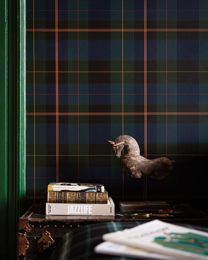 EQUESTRIAN PLAID Green Wallpaper (WP30110) by Mind The Gap | WP30110 | THE DERBY | 1 roll x 52x1000 cm / 20.5x393.7 in | 0.52m / 20.5in | 10m / 393.7in | 5.20sqm / 55.9sq ft | 50cm / 19.6in | Blue, Green, Yellow, Red | Non-woven Satin | Paste the wall | 1-roll in a box | Fabric Carolina | https://www.fabriccarolina.com/