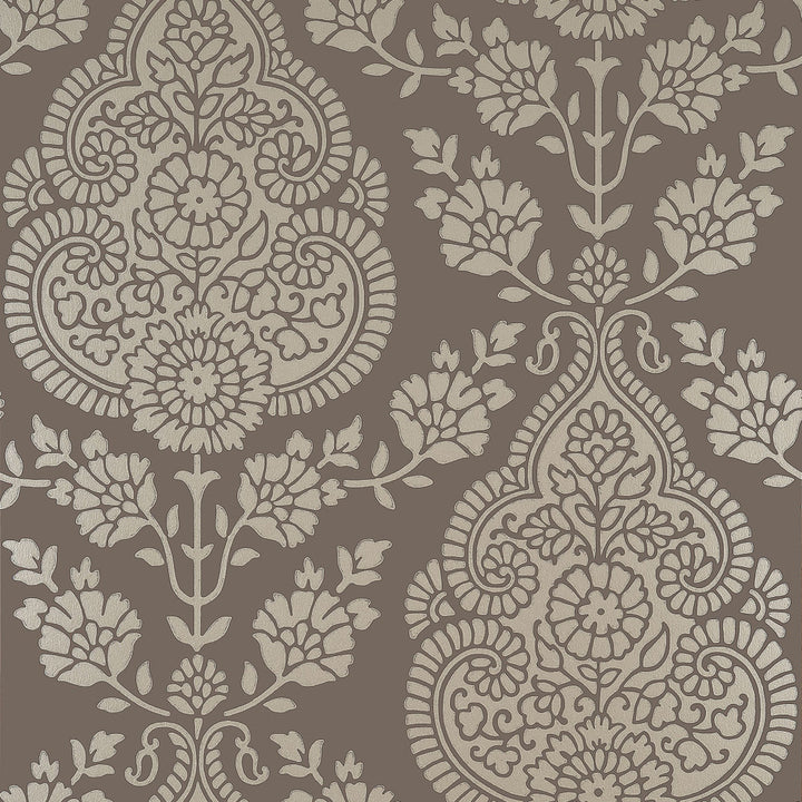 Balmuccia Damask Pewter on Chestnut AT57869 by Anna French Wallpaper Anna French Wallpaper Balmuccia Damask Pewter on Chestnut AT57869Wallpaper Bristol </p><p>Repeat: V: 21.00"(53.34 cm) 20.50"(52.07 cm) - Fabric Carolina -