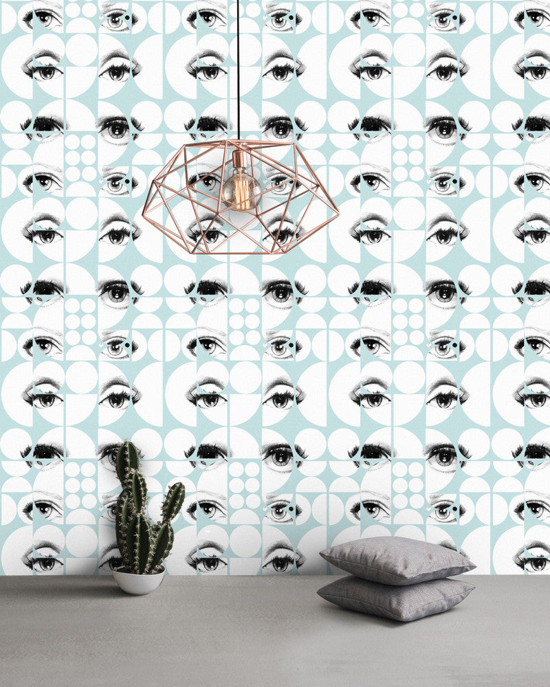 EYES AND CIRCLES Tapet Premium (WP20086) by Mind The Gap | WP20086 | WALLPAPER DESIGNER COLLECTION | 3 rolls x 20.5 x 118.1 in | 0.52m / 20.5in | 3m / 118in | 4.65mp | 52cm / 20.5in | Black, Blue, White | Non-woven | Paste the wall | 3-rolls in a box | Fabric Carolina | https://www.fabriccarolina.com/