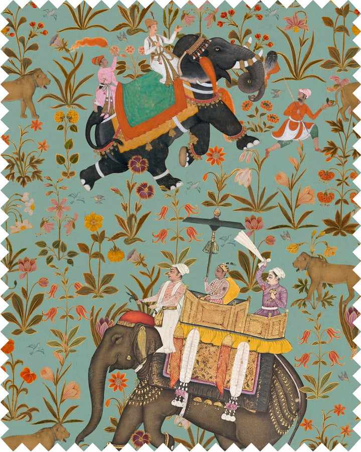 HINDUSTAN Aquamarine Linen (FB00011) by Mind The Gap | FB00011 | NOMAD STORY | Blue, Brown, Green, Orange | Fabric Carolina | https://www.fabriccarolina.com/