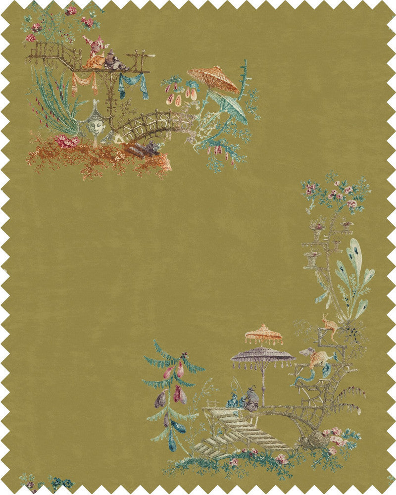 Mind The Gap Fabric CHINOISERIE Velvet (FB00027) | FB00027 | THE TRANSYLVANIAN MANOR | Blue, Brown, Green, Taupe | Fabric Carolina | https://www.fabriccarolina.com/
