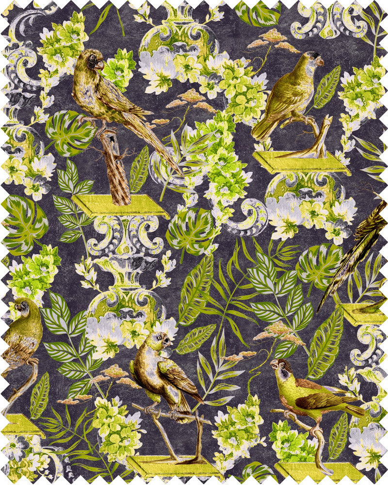 LA VOLIERE Velvet (FB00028) by Mind The Gap | FB00028 | THE TRANSYLVANIAN MANOR | Anthracite, Brown, Green, Yellow | Fabric Carolina | https://www.fabriccarolina.com/