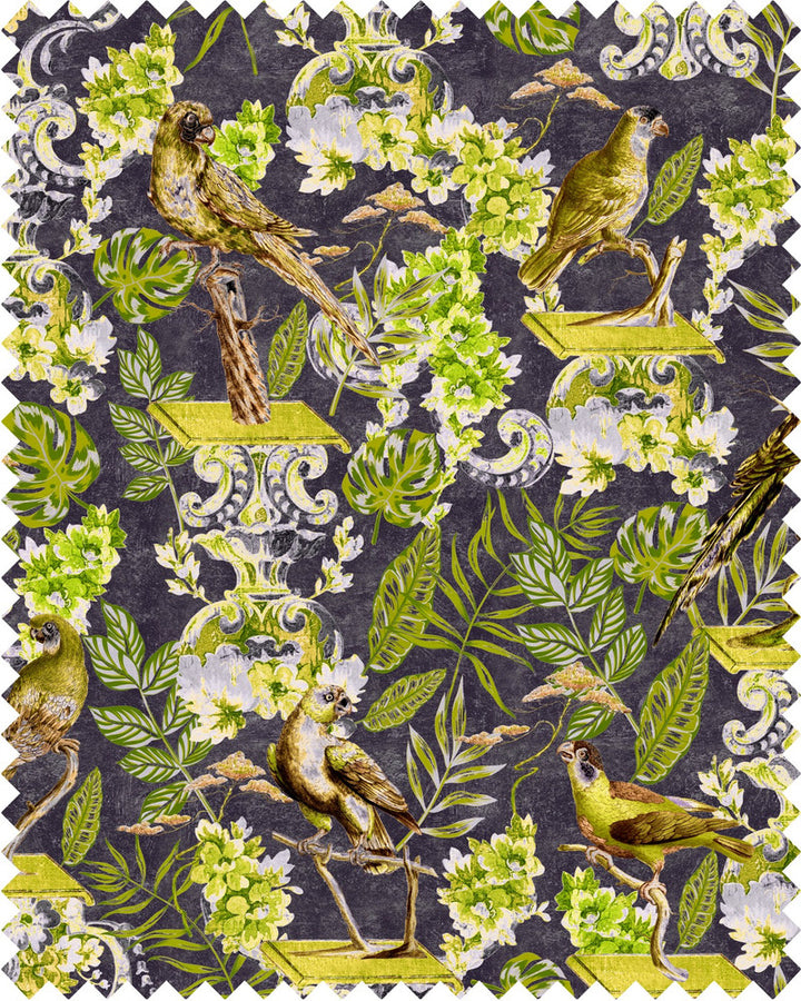 LA VOLIERE Velvet (FB00028) by Mind The Gap | FB00028 | THE TRANSYLVANIAN MANOR | Anthracite, Brown, Green, Yellow | Fabric Carolina | https://www.fabriccarolina.com/