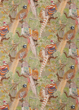 Game Birds Linen Stone/Multi by Mulberry Fabric