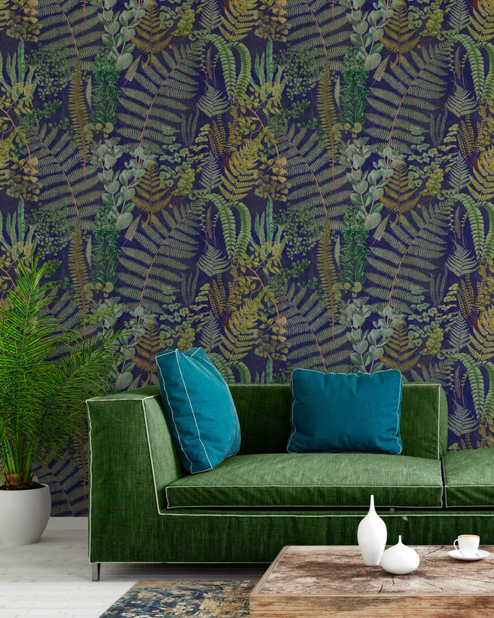 GREEN SANCTUARY Anthracite Wallpaper (WP20318) by Mind The Gap | WP20318 | THE WALLPAPER COLLECTABLES | 3 rolls x 20.5 x 118.1 in | 0.52m / 20.5in | 3m / 118in | 4.65mp | 100cm / 39.3in | Blue, Green | Textured Matte | Paste the wall | 3-rolls in a box | Fabric Carolina | https://www.fabriccarolina.com/