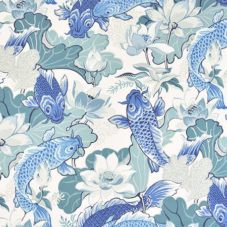 Playing Koi Nile Blue by Carole Fabric Bluebell 100% Cotton-SSR Spain 51,000 Wyzenbeek Double Rubs 36" V, 27" H HD 54"  - Fabric Carolina -