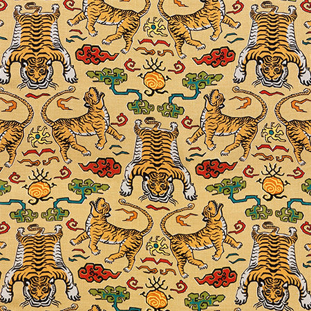 Tiger Pack Saffron by Carole Fabric Hidden Treasure 75% Cotton, 25% Linen-Stain Repellent Pakistan  25" V, 13 1/2" H HD 54.5"  - Fabric Carolina -