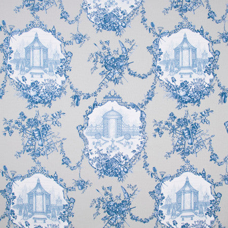 Backyard Toile Cobalt by Carole Fabric Blue Forest 100% Cotton-SSR Printed In USA Passes 15,000 Double Rubs Wyzenbeek Horizontal: 27" and Vertical: 27" V 54" - Fabric Carolina -