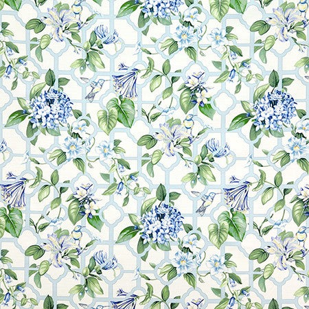 Bird Trellis Serene Sky by Carole Fabric Dewdrop 100% Cotton Peru 25,000 WYZENBEEK DOUBLE RUBS 27" V, 13 1/2" H HD 54"  - Fabric Carolina -