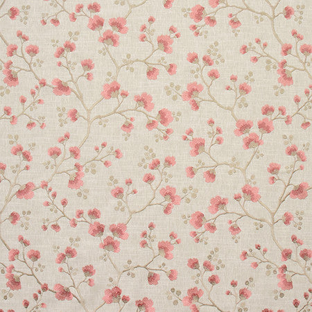 One Night Coral by Carole Fabric Wallflower Base: 58% Cotton, 42% Polyester. Embr: 100% Rayon INDIA 12,000 Wyzenbeek Double Rubs 18 1/2" V, 25" H 50"  - Fabric Carolina -