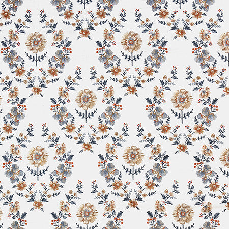 Turn The Page Indigo by Carole Fabric English Garden Base: 100% Cotton Embr: 100% Viscose N/A 15 3/8" V, 12 1/2" H HD 50 1/2*" - Fabric Carolina -