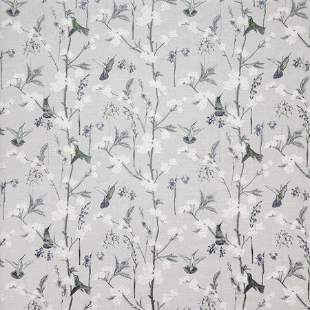 Hummingbird Gathering Frost by Carole Designer Fabric Misty Glen Base: 69% Cotton, 31% Polyester Embr: 100% Rayon India 18 1/2" V, 25" H 50"" - Swanky Fabrics -