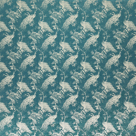 Roaming Peacock Cadet by Carole Designer Fabric Manchester Base: 44% Polyester, 34% Rayon, 22% Cotton Embr: 100% Polyester India 13 1/2" V, 7" H HD 55 1/4"" - Swanky Fabrics -