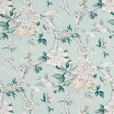 Bird Sanctuary Julep by Carole Designer Fabric Pink Jade 100% Cotton- SSR Peru 25,000 Wyzenbeek Double Rubs 25 1/4" V, 13 1/2" H HD 54" - Swanky Fabrics -