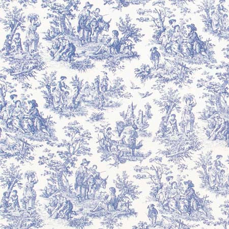 Country Toile Indigo by Carole Designer Fabric Red Sea 100% Cotton Printed & Finished In USA 13 1/2" V, 13 1/2" H HD 54" - Swanky Fabrics -