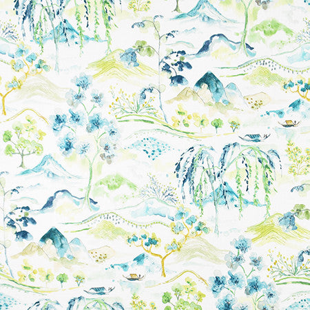 A Day Off Seafoam by Carole Fabric Jade 100% Cotton Spain 30,000 Wyzenbeek Double Rubs 27" V, 13 1/2" H HD 54"  - Fabric Carolina -