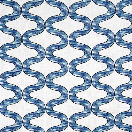 Curves Ahead Ocean by Carole Designer Fabric Go West Base 90% Polyester, 10% Linen Embr 100% Spun Polyester N/A 5 1/8" V, 8" H 51 1/2*" - Swanky Fabrics -