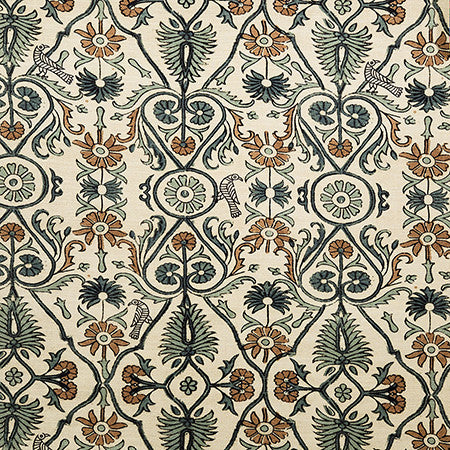 Bird Gathering Silver Blue by Carole Fabric Dawn & Dusk 75% Cotton, 25% Linen Pakistan  32" V, 27" H 54"  - Fabric Carolina -