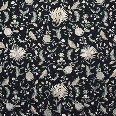 Dare Me Ebony by Carole Fabric Wallflower Base:76% Polyester, 24% Cotton. Embr: 100% Viscose INDIA Base:51,000 Wyzenbeek Double Rubs. Embroidery: 10,000 Wyzenbeek Double Rubs 19 3/8" V, 17" H 52"  - Fabric Carolina -