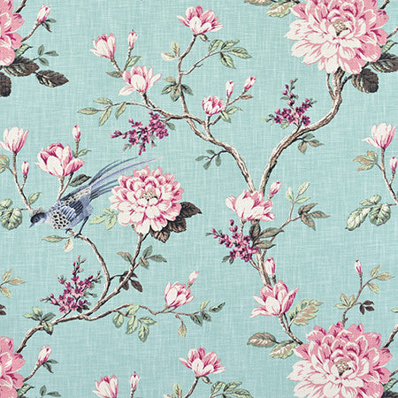 Garden Bird Spa by Carole Fabric Jade 100% Cotton-Soil Repellent Pakistan 50,000 Wyzenbeek Double Rubs 25 1/8" V, 27"H 56"  - Fabric Carolina -