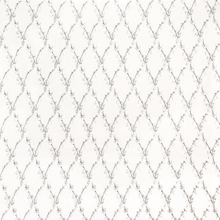 Settling In Grey by Carole Designer Fabric Neutral Ground Base: 73% Cotton, 27% Polyester Embr: 100% Viscose India 9 3/8" V, 4 1/2" H 51"" - Swanky Fabrics -