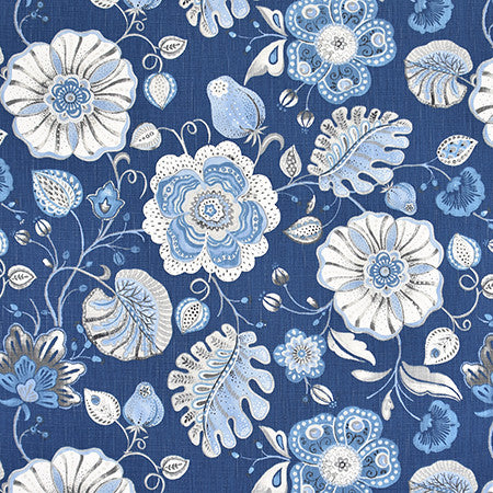 Art Of Being Navy by Carole Fabric Bluebell 59% Cotton, 41% Polyester-Light Latex Backing China 15,000 Wyzenbeek Double Rubs 23 3/4" V, 27 1/2" H 54"  - Fabric Carolina -