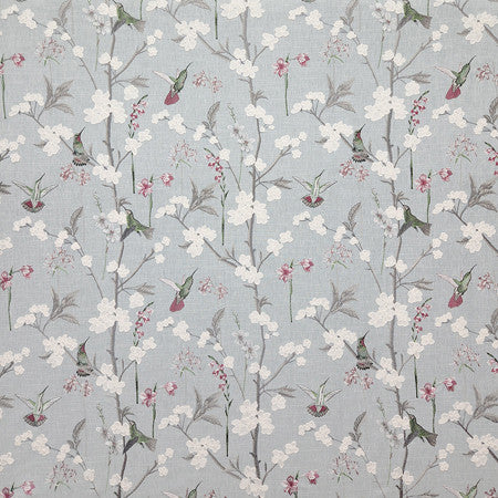 Hummingbird Gathering Spring by Carole Fabric Misty Glen Base: 69% Cotton, 31% Polyester Embr: 100% Rayon India  18 1/2" V, 25" H 50""  - Fabric Carolina -
