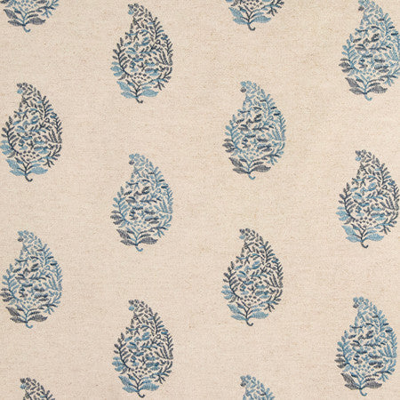 Get Busy Indigo by Carole Fabric Making Waves Base: 57% Cotton, 24% Linen, 19% Viscose Embr: 100% Polyester 3,000 Wyzenbeek Double Rubs 15 1/4" V, 23 1/4" H 50" - Fabric Carolina -