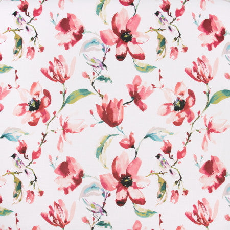 Perching Bird Coral by Carole Fabric VIBRANCE 100% Cotton Spain Passes 30,000 Double Rubs Wyzenbeek Horizontal: 27" and Vertical: 27" 54" - Fabric Carolina -