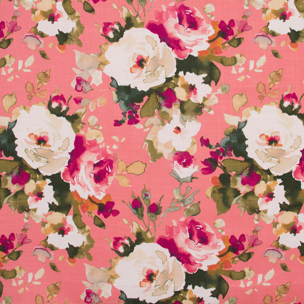 Pleased As Punch Coral by Carole Fabric Azalea 75% Cotton, 25% Linen -Soil Repellent Pakistan Passes 20,000 Double Rubs Wyzenbeek Horizontal: 27 and Vertical: 25.25 54 - Fabric Carolina -