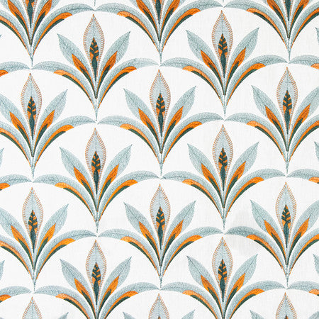 Isle Of Palms Teal by Carole Fabric Serene Green Base: 60% Cotton, 40% Linen Embr: 63.7% Viscose, 36.3% Polyester N/A 7 5/8" V, 8 1/2" H 52" - Fabric Carolina -