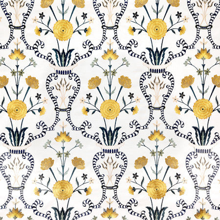 Delicate Heart Marigold by Carole Designer Fabric Blue Crush Base: 100% Cotton Embr:71% Cotton, 21% Viscose,8% Polyester India 30 1/4" V, 9" H HD 50"" - Swanky Fabrics -