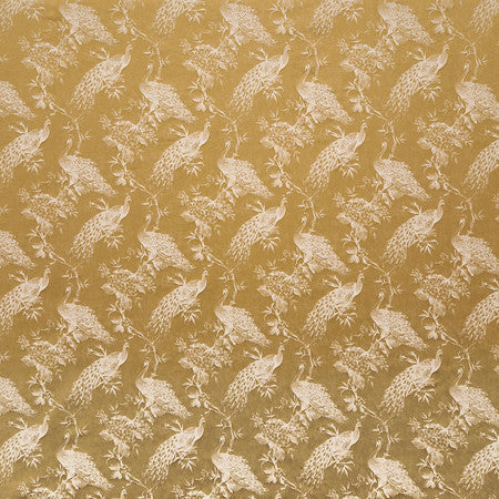 Roaming Peacock Wheat by Carole Fabric Manchester Base: 44% Polyester, 34% Rayon, 22% Cotton Embr: 100% Polyester India  13 1/2" V, 7" H HD 55 1/4""  - Fabric Carolina -